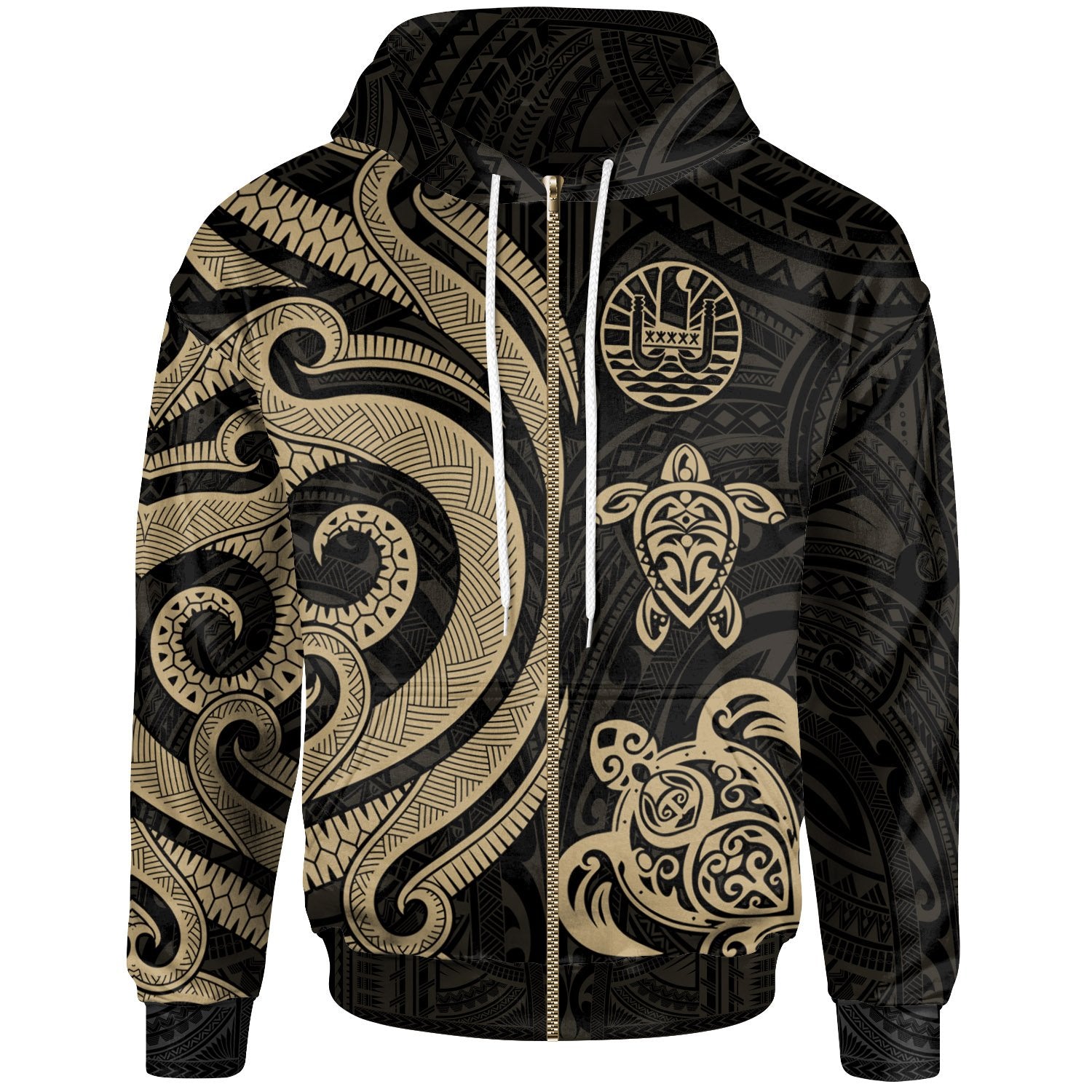 Tahiti Polynesian Zip up Hoodie Gold Tentacle Turtle Unisex Gold - Polynesian Pride