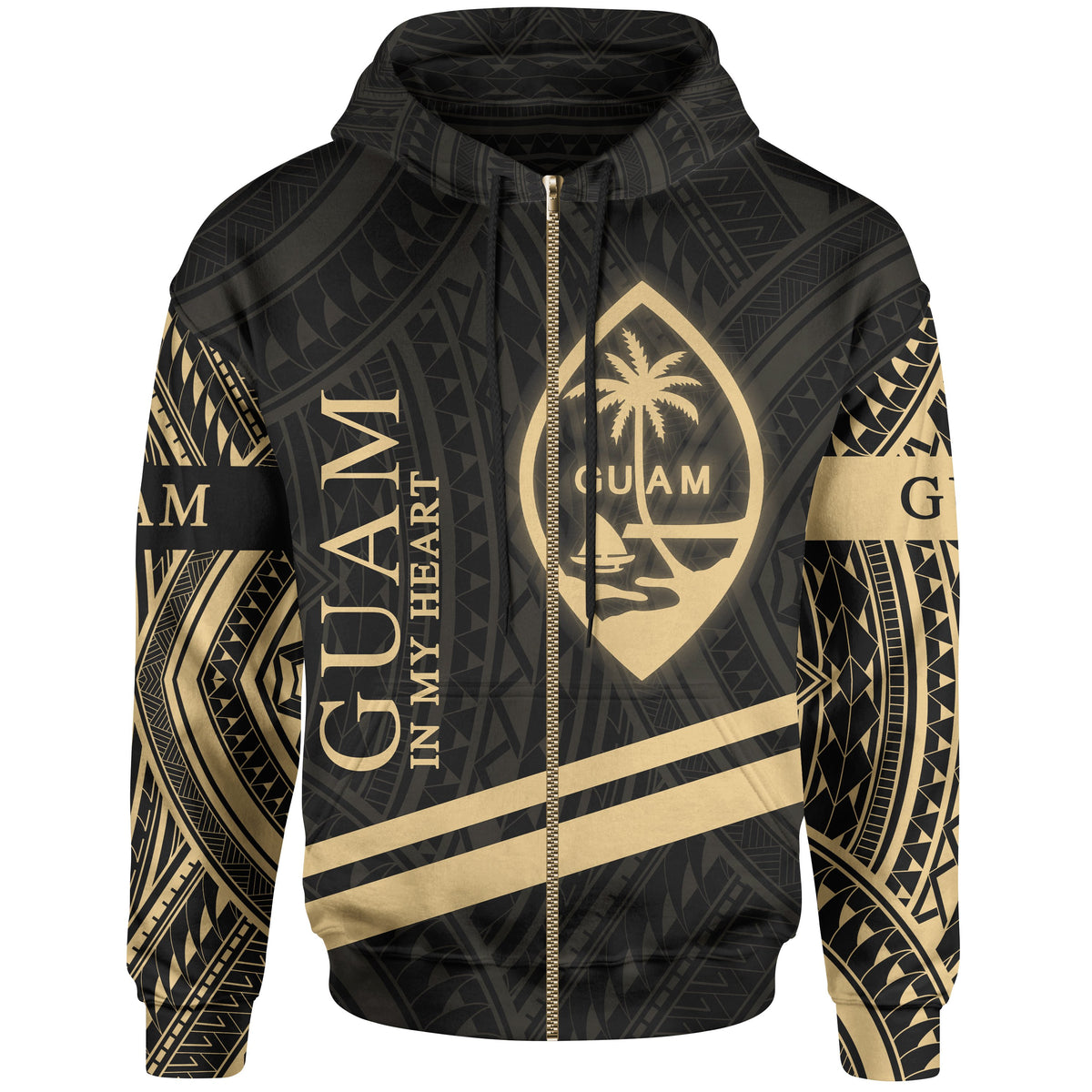 Guam Zip Hoodie In My Heart Style Gold Polynesian Patterns Unisex Black - Polynesian Pride