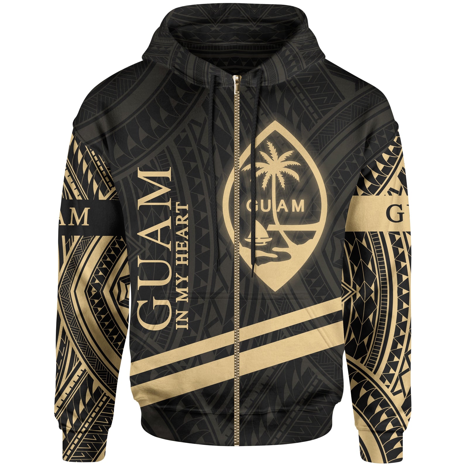 Guam Zip Hoodie In My Heart Style Gold Polynesian Patterns Unisex Black - Polynesian Pride
