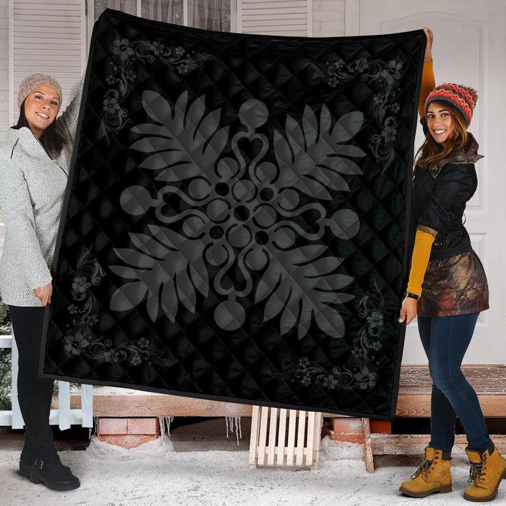 Hawaiian Quilt Maui Plant And Hibiscus Premium Quilt - Gray Black - AH - Polynesian Pride