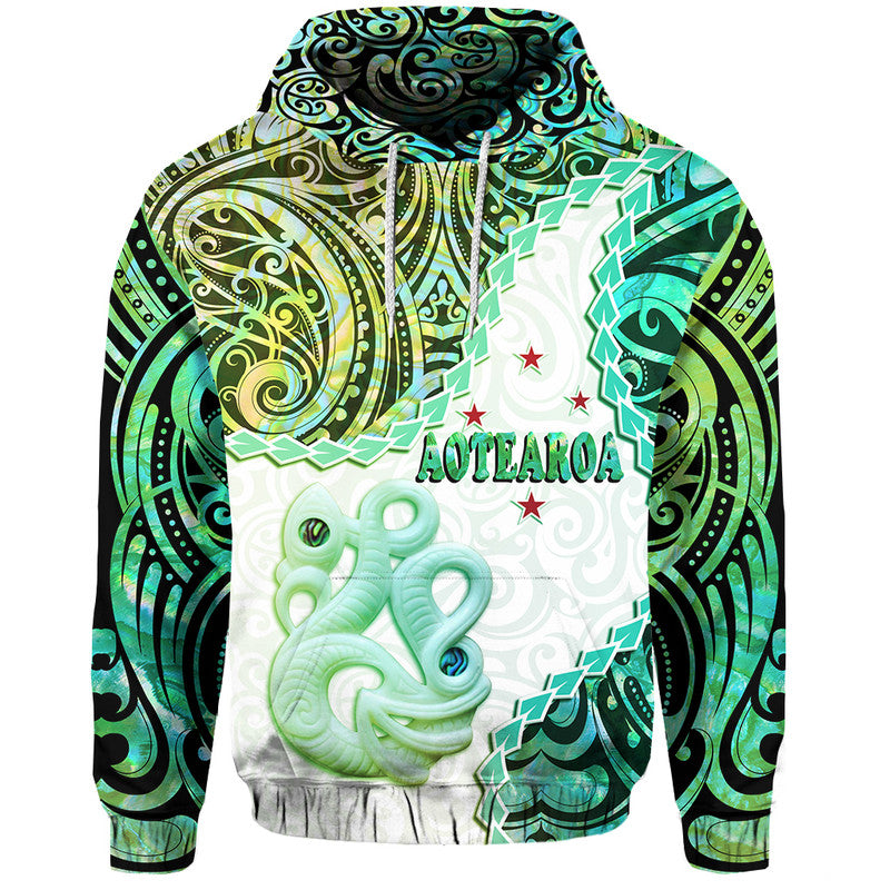 New Zealand Maori Hoodie Aotearoa Manaia Green Paua Shell Heare Ra LT9 Pullover Hoodie Green - Polynesian Pride