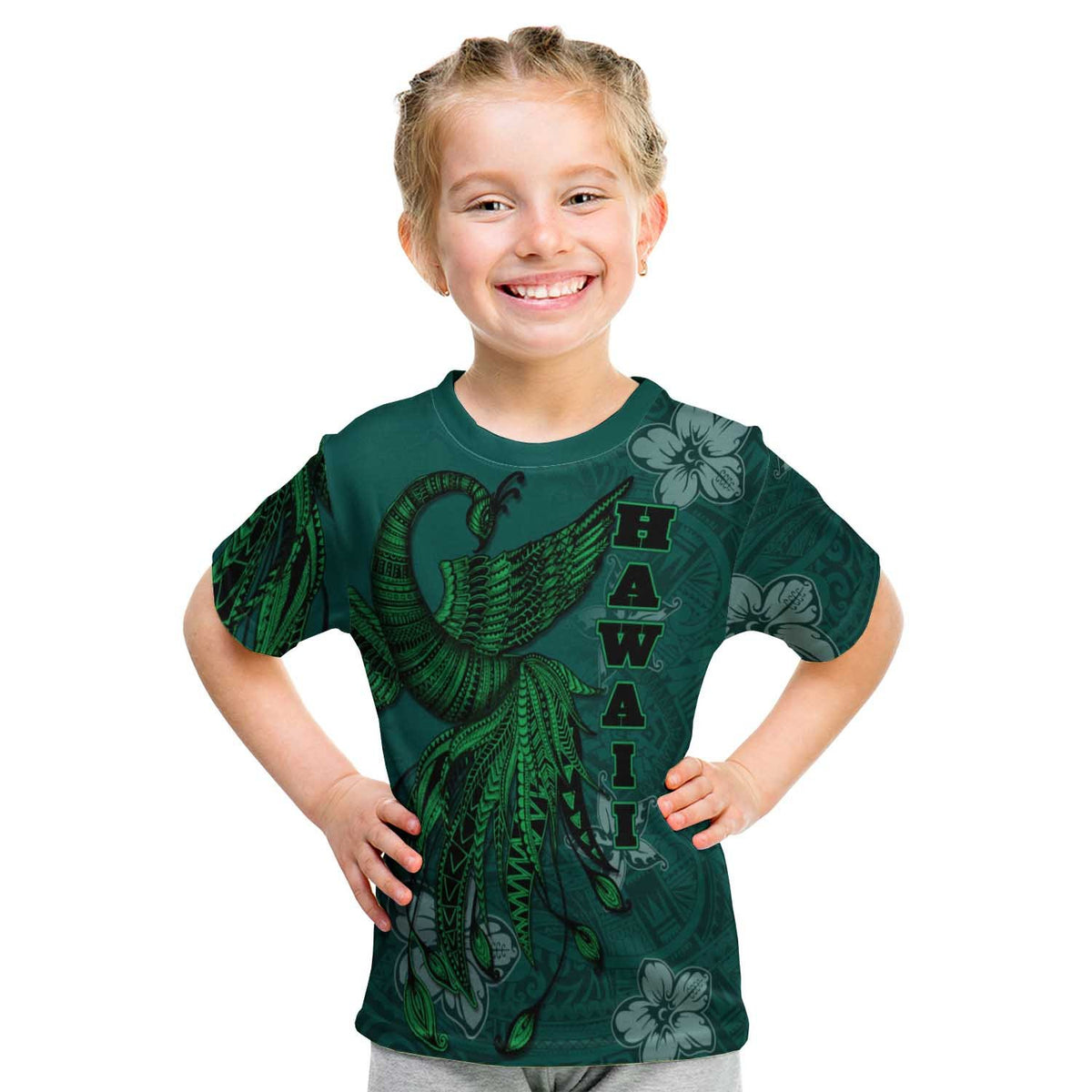 Kanaka Maoli T Shirt Polynesian Phoenix Bird, Fairytales Bird Green - Polynesian Pride