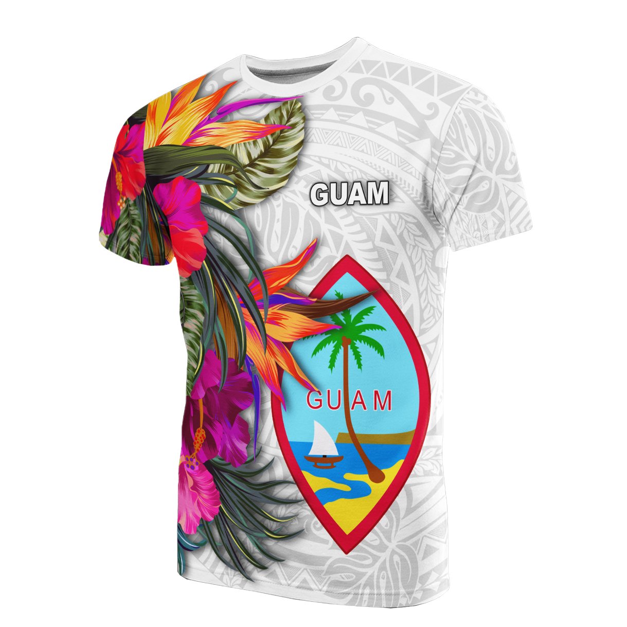 Guam T Shirt Polynesian Hibiscus White Pattern Unisex White - Polynesian Pride