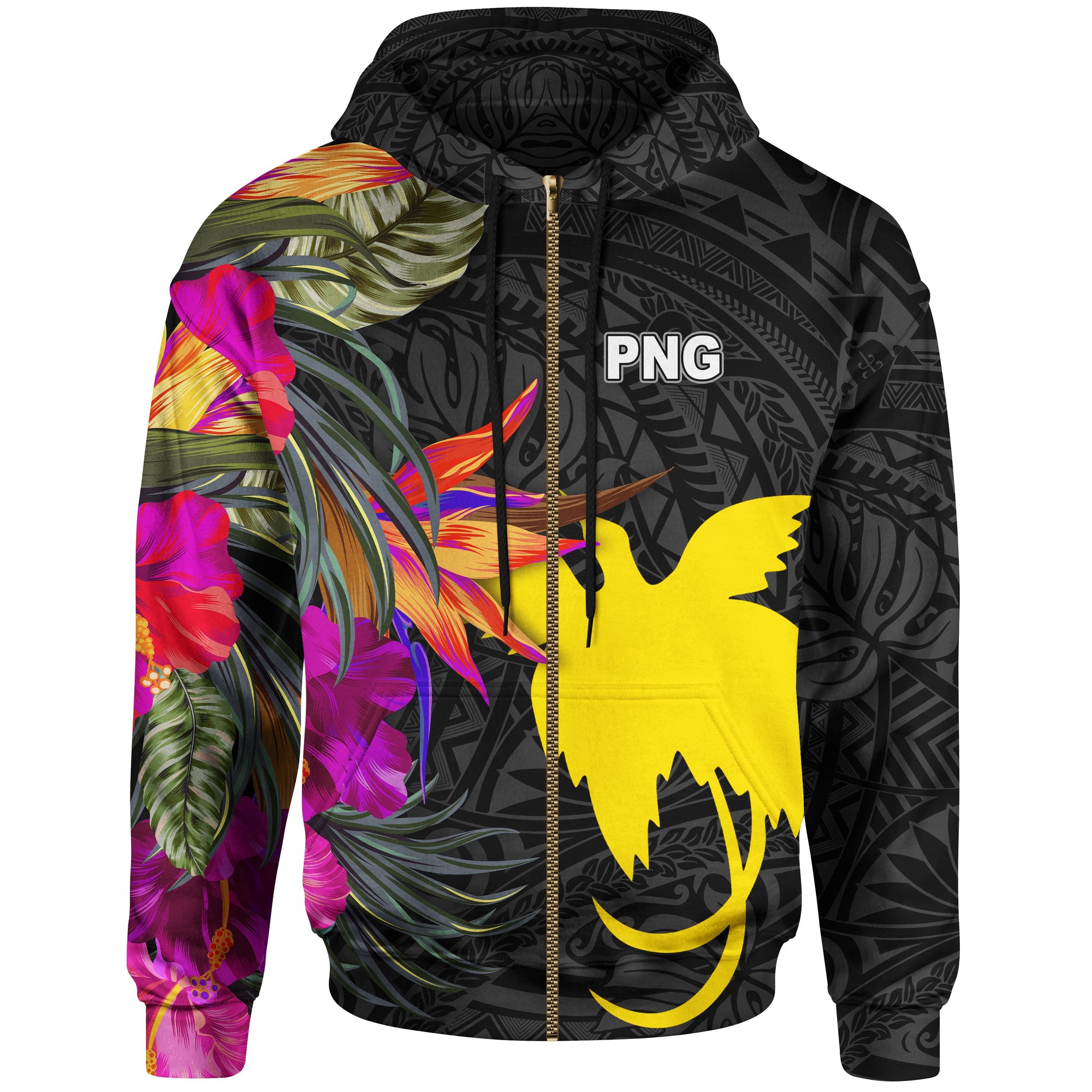 Papua New Guinea Zip up Hoodie Hibiscus Polynesian Pattern Unisex Black - Polynesian Pride