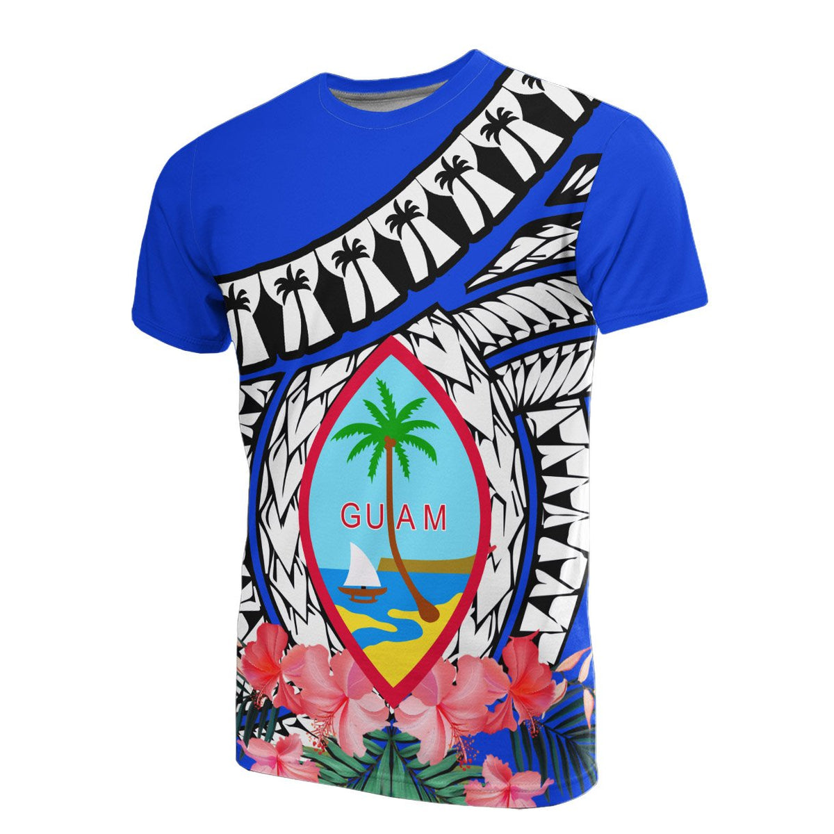 Guam T Shirt Polynesian Pattern Blue With Hibiscus Unisex Blue - Polynesian Pride