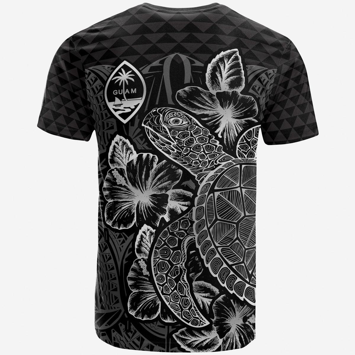 Guam T Shirt Guam Coat of Arms Turtle Hibiscus Black - Polynesian Pride
