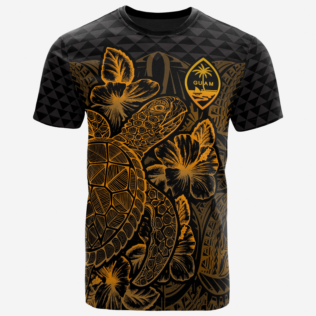 Guam T Shirt Guam Coat of Arms Turtle Hibiscus Gold Unisex Gold - Polynesian Pride