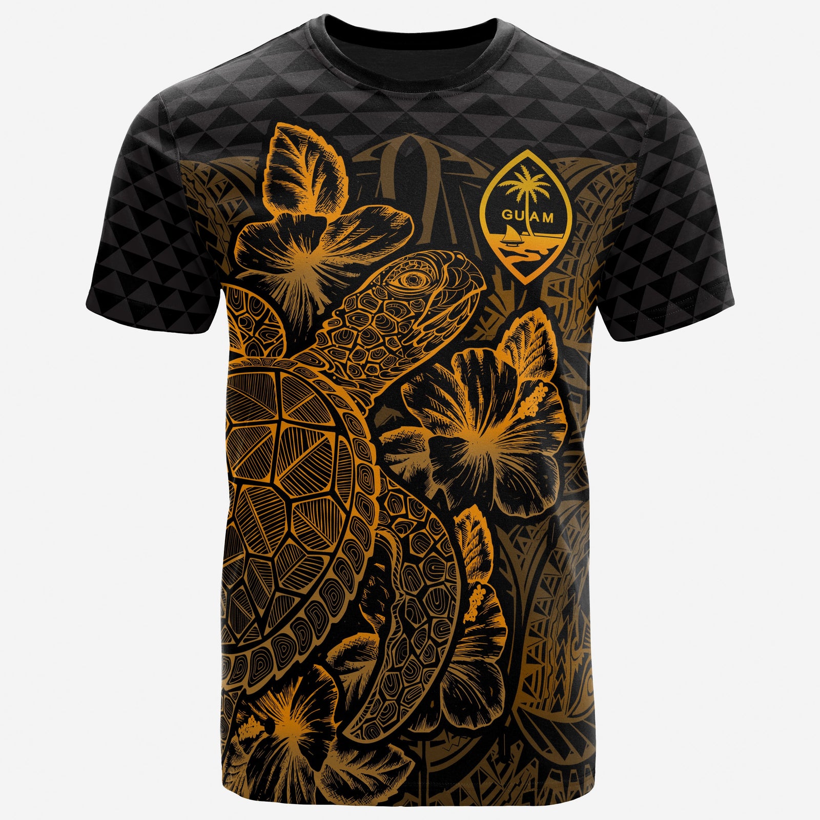 Guam T Shirt Guam Coat of Arms Turtle Hibiscus Gold Unisex Gold - Polynesian Pride