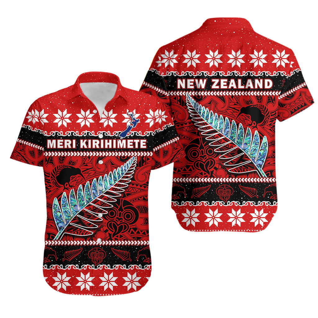 New Zealand Christmas Hawaiian Shirt Paua Shell Silver Fern Meri Kirihimete LT14 Unisex Red - Polynesian Pride