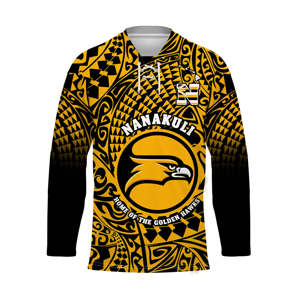 (Custom Text And Number) Hawaii Hockey Jersey Nanakuli High and Intermediate School Tribal Kakau LT14 Unisex Gold - Polynesian Pride