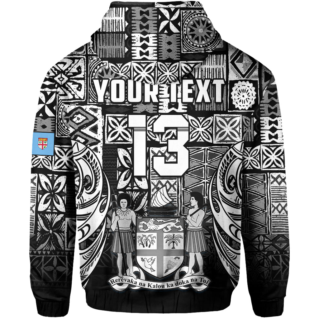 (Custom Text and Number) Fiji Rugby Hoodie Flying Fijians Black Tapa Pattern LT13 - Polynesian Pride