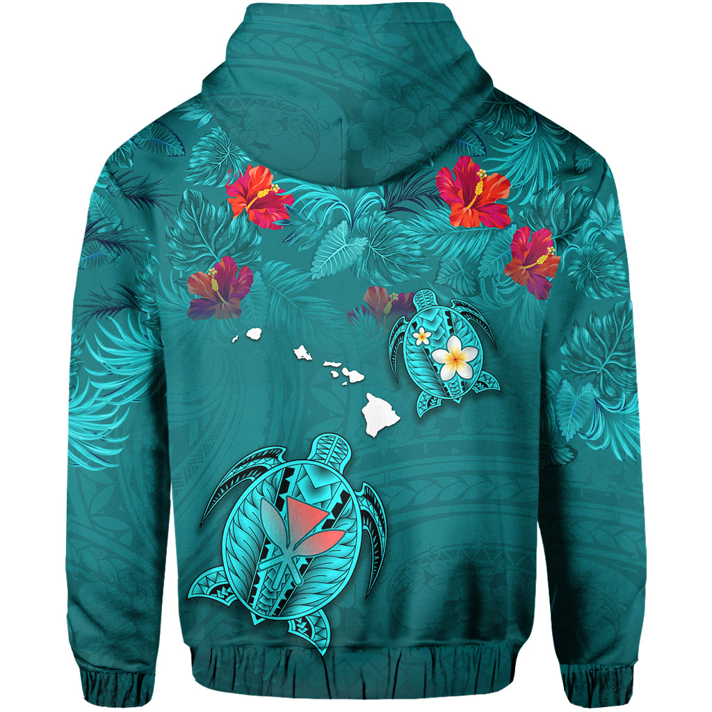 Custom Hawaiian Islands Hoodie Hawaii Tropical Flowers and Turtles Turquoise LT13 - Polynesian Pride