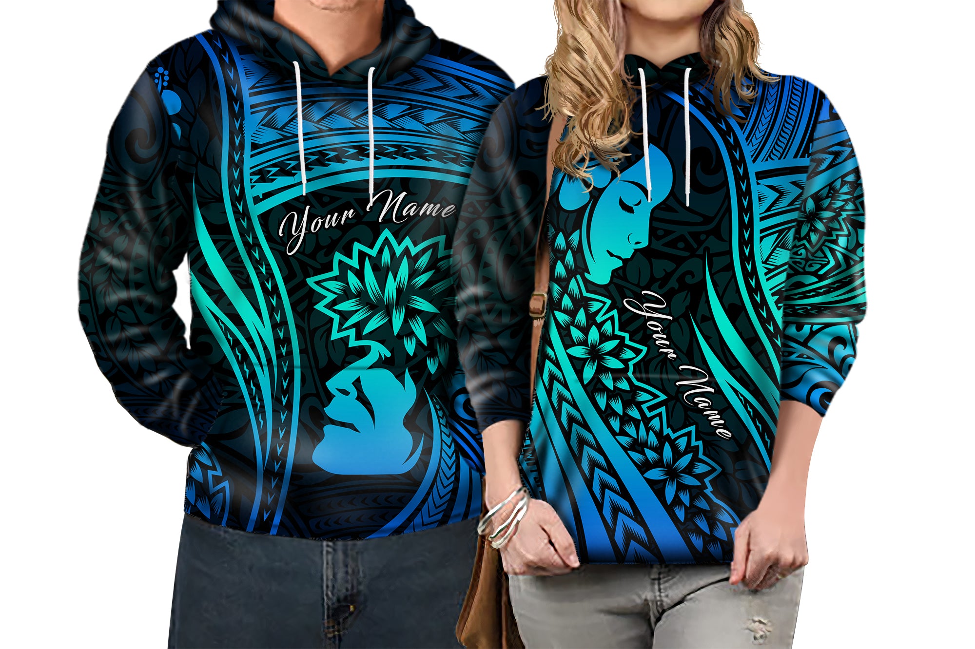 Custom Polynesian Valentine Couple Hoodie I LOVE YOU Hibiscus Style Blue LT13 - Polynesian Pride