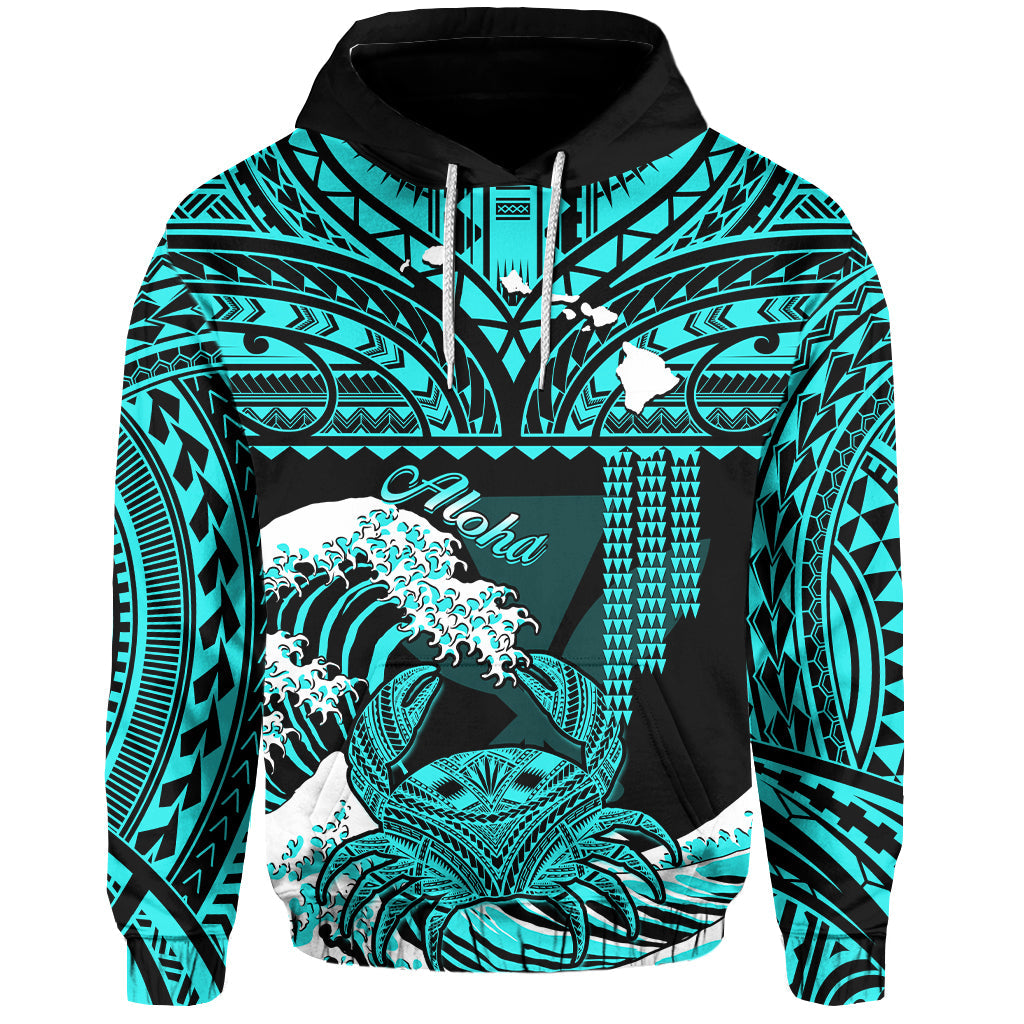Custom Hawaii Hoodie Kakau Polynesian Crab With Waves Ver.01 LT14 Pullover Hoodie Turquoise - Polynesian Pride