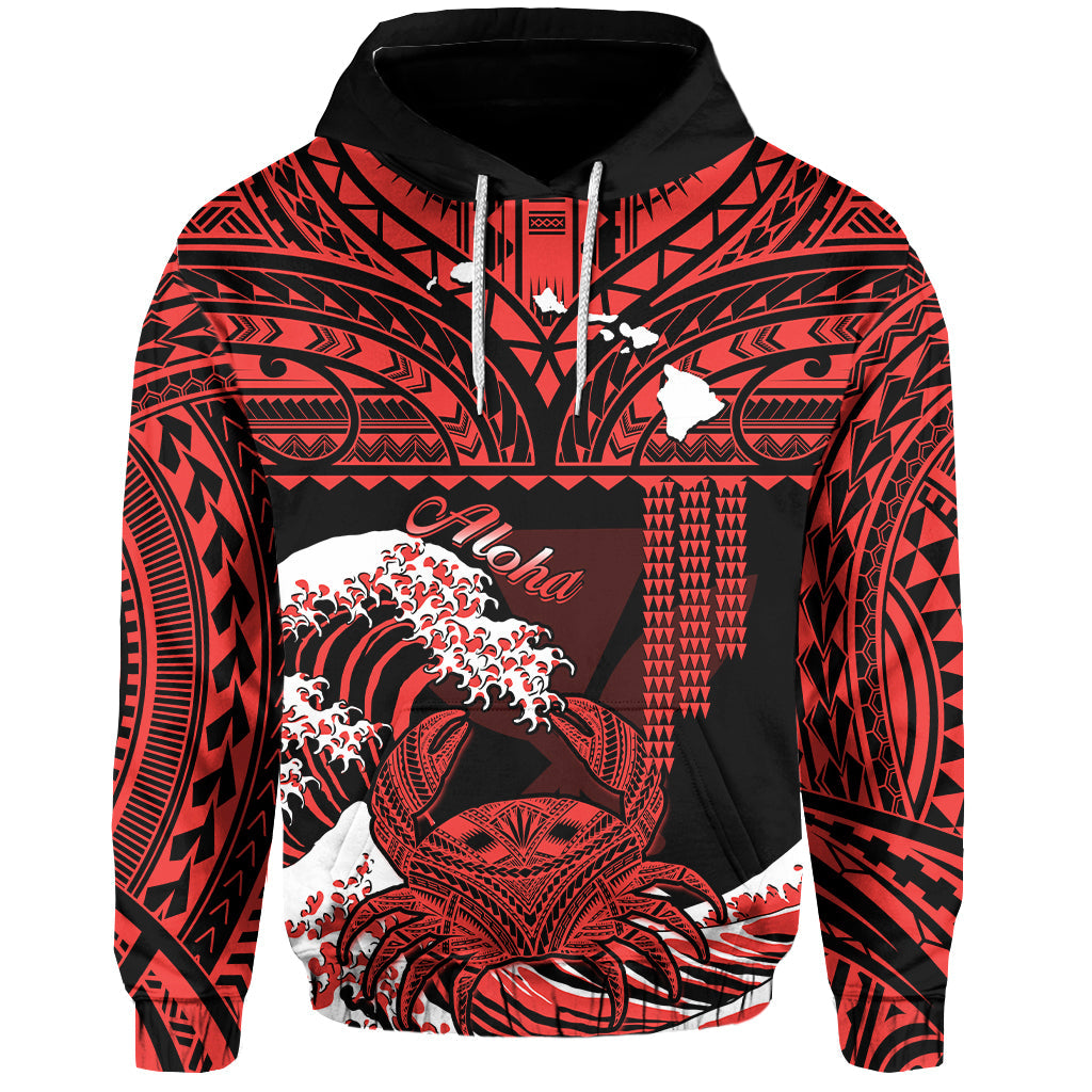 Custom Hawaii Hoodie Kakau Polynesian Crab With Waves Ver.03 LT14 Pullover Hoodie Red - Polynesian Pride