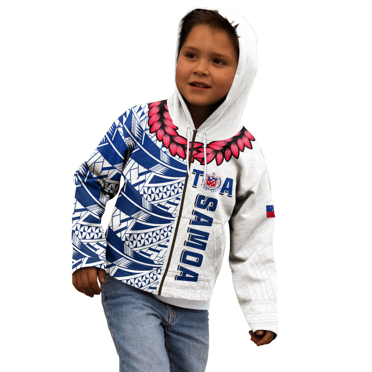 (Custom Text and Number) Toa Samoa Rugby Hoodie KID Siamupini Ula Fala White LT13 - Polynesian Pride