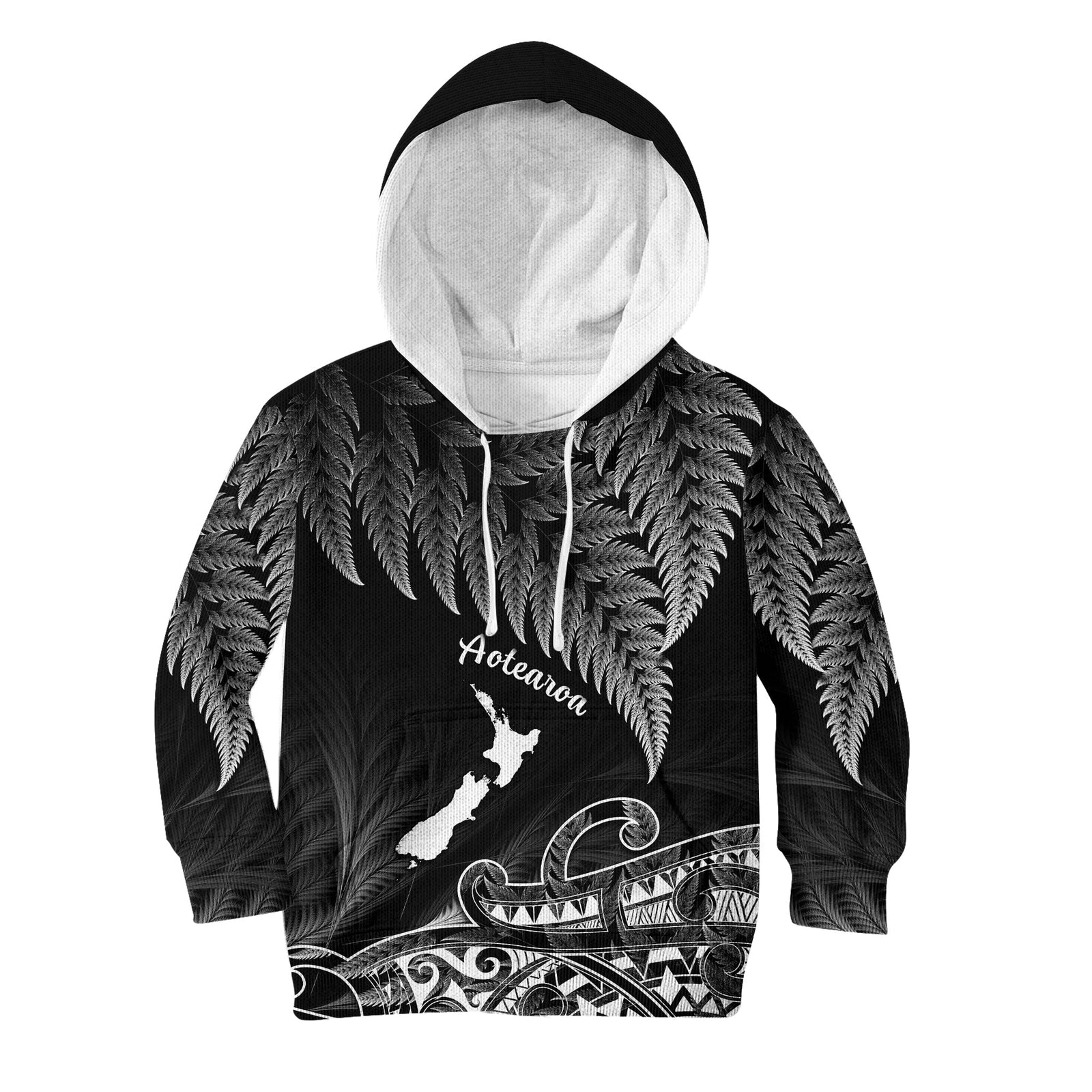(Custom Personalised) New Zealand Silver Fern Hoodie KID Aotearoa Map Maori LT14 Black - Polynesian Pride