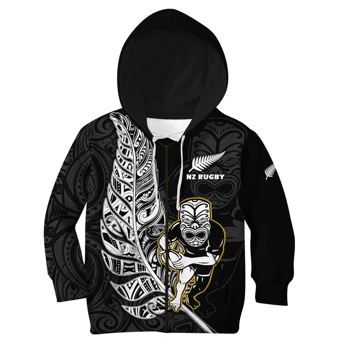 (Custom Text And Number) New Zealand Silver Fern Rugby Hoodie KID All Black Maori Version Black LT14 - Polynesian Pride