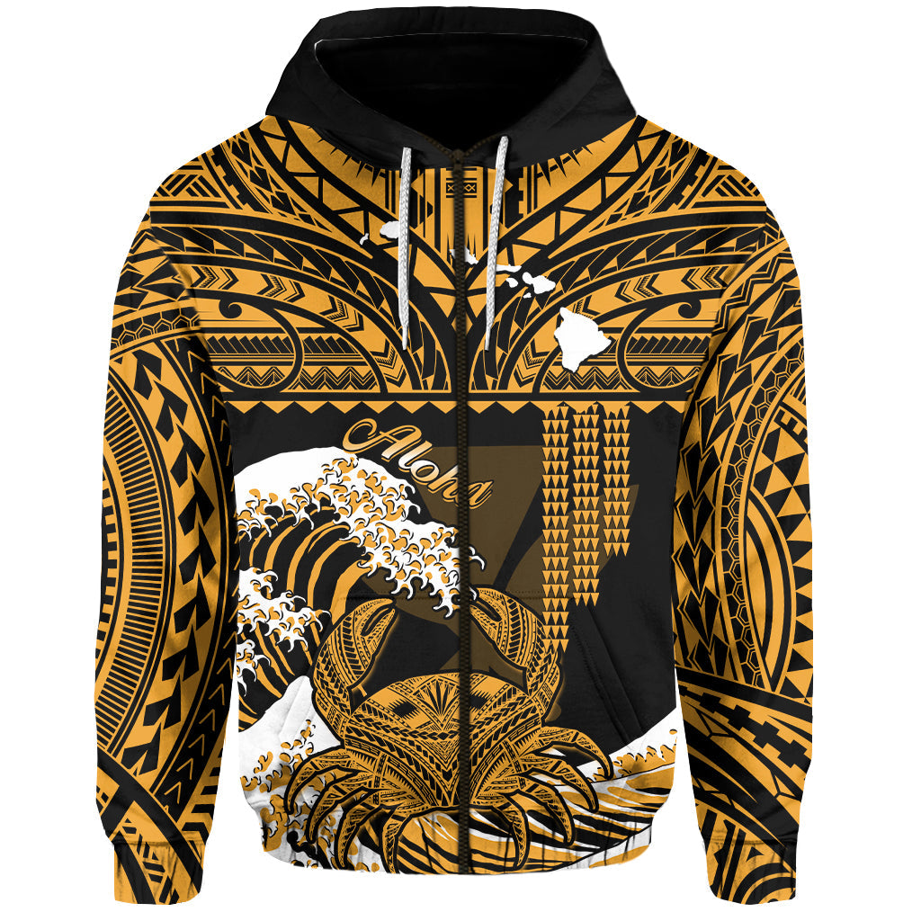 Custom Hawaii Hoodie Kakau Polynesian Crab With Waves Ver.02 LT14 Zip Hoodie Gold - Polynesian Pride