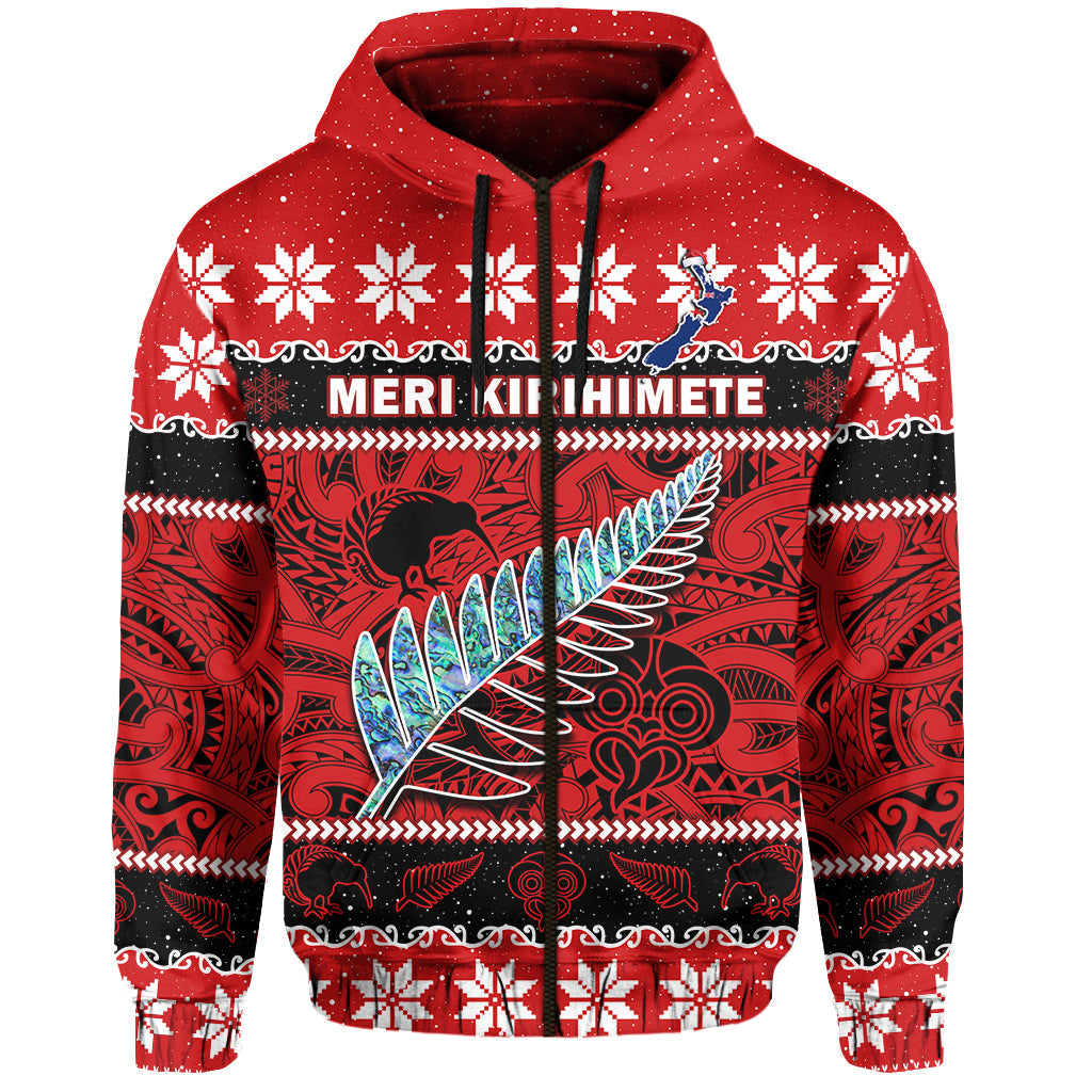 New Zealand Christmas Hoodie Paua Shell Silver Fern Meri Kirihimete LT14 Zip Hoodie Red - Polynesian Pride