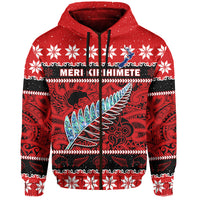 New Zealand Christmas Hoodie Paua Shell Silver Fern Meri Kirihimete LT14 Zip Hoodie Red - Polynesian Pride