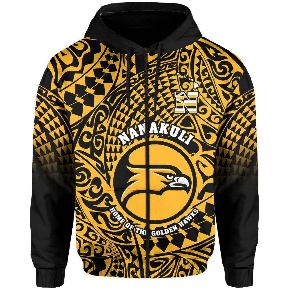(Custom Text and Number) Hawaii Hoodie Nanakuli High and Intermediate School Tribal Kakau LT14 Zip Hoodie Gold - Polynesian Pride