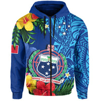 Samoa Hoodie Coat of Arms Mix Tropical Flowers LT14 Zip Hoodie Blue - Polynesian Pride