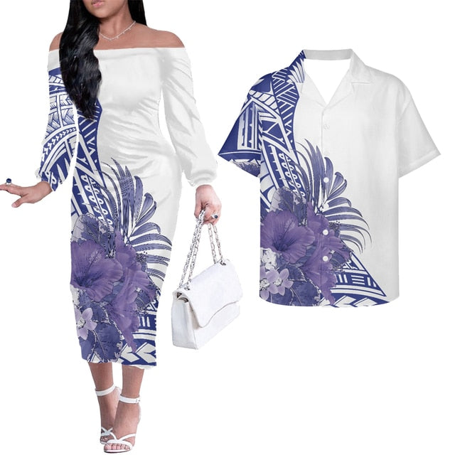 Hibiscus Hawaii Tropical Flowers Matching Hawaiian Outfits For Couple - Long Sleeve Dress and Hawaiian Shirt Purple - Polynesian Pride