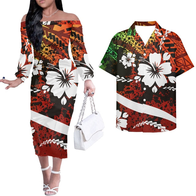 Hawaii Hibiscus Tribal Polynesian – Couples Matching Long Sleeve Dress & Hawaiian Shirt – Samoa LT13 Art - Polynesian Pride