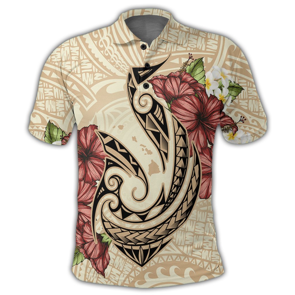 Hawaii Fish Hook Hibiscus Plumeria Polynesian Polo Shirt Adult Black - Polynesian Pride