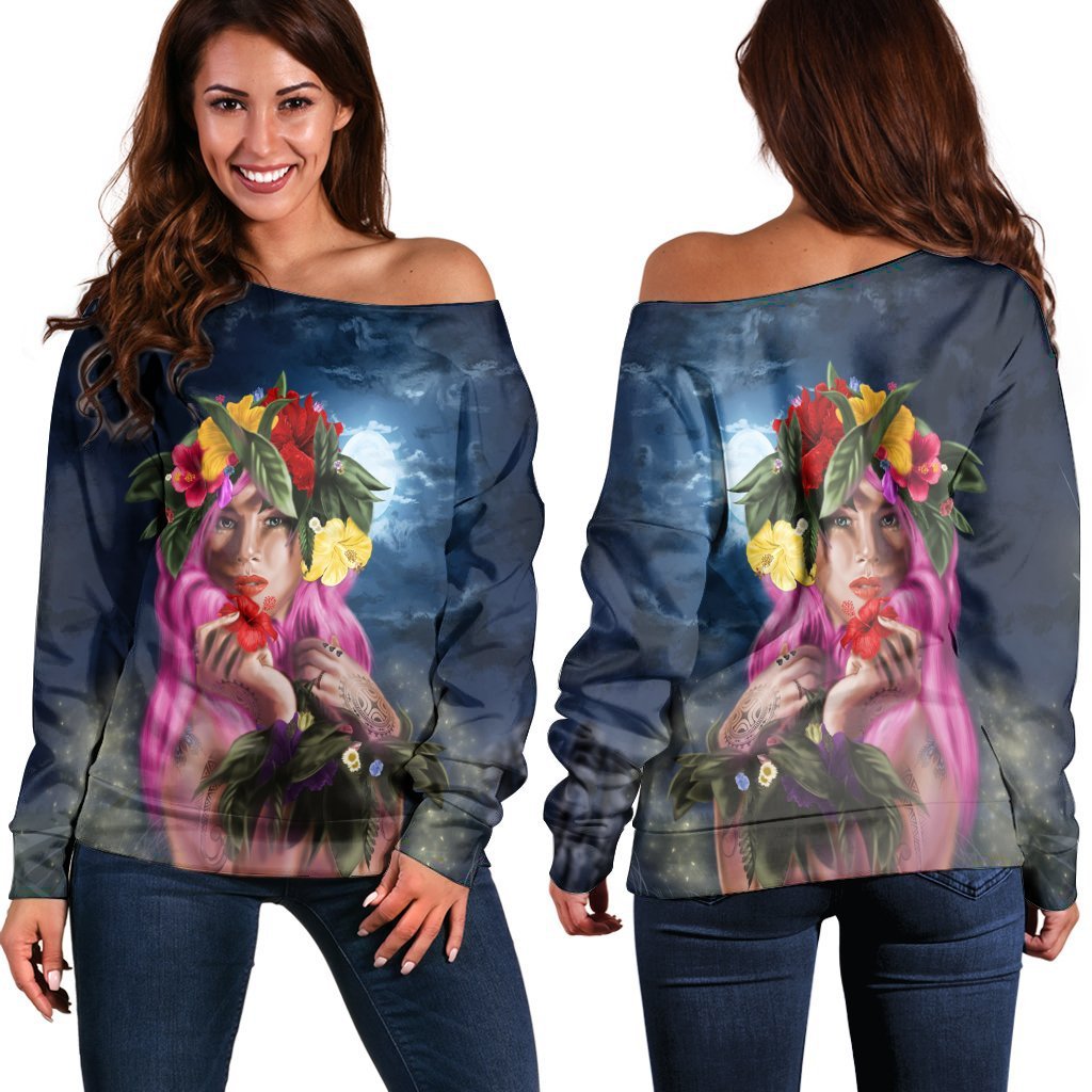 Hawaii Kanaka Colorful Hula Girl Women's Off Shoulder Sweater - Dinh Style Black - Polynesian Pride