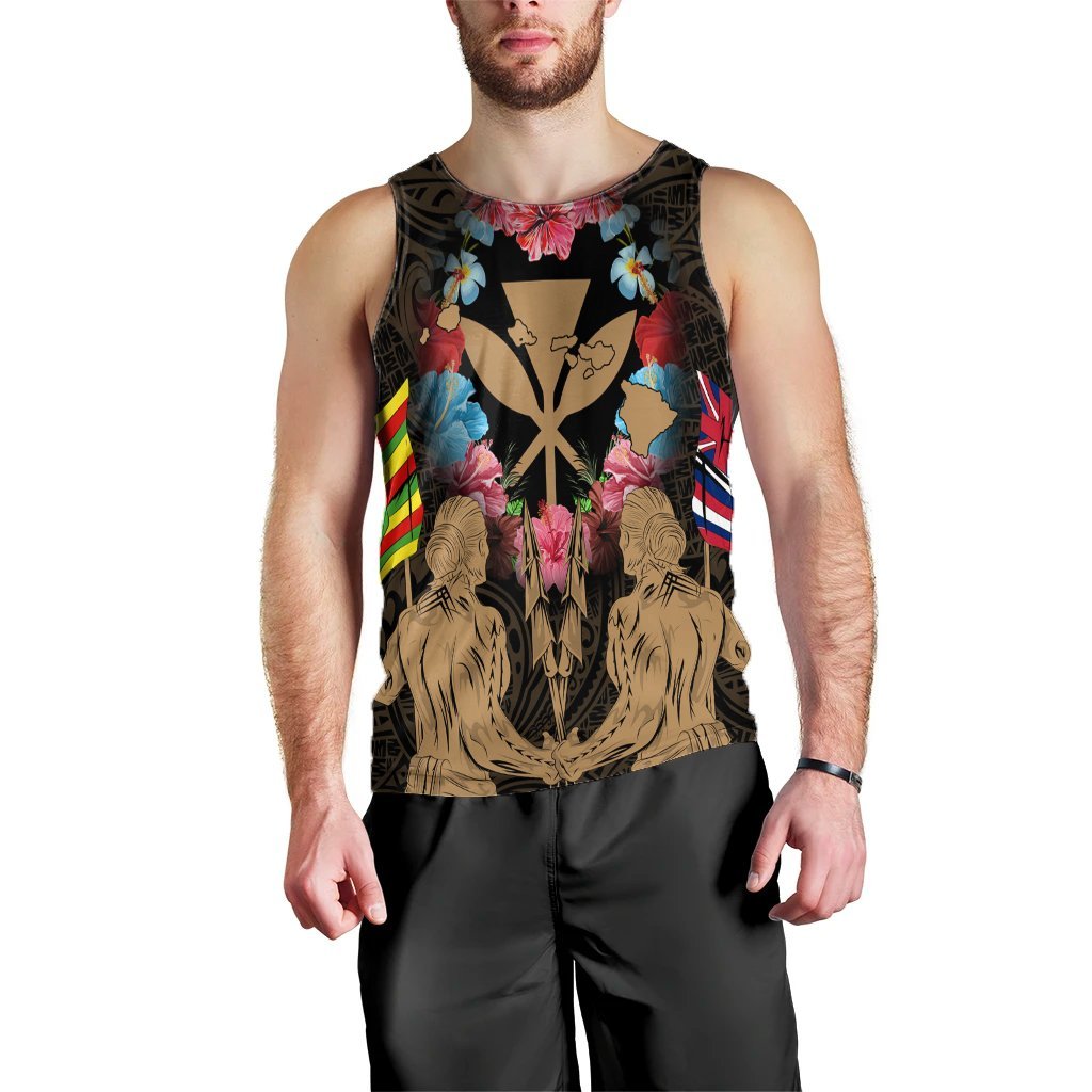 Hawaii Map Kanaka Two Men Holding Flag Tank Top Gold - AH Black - Polynesian Pride