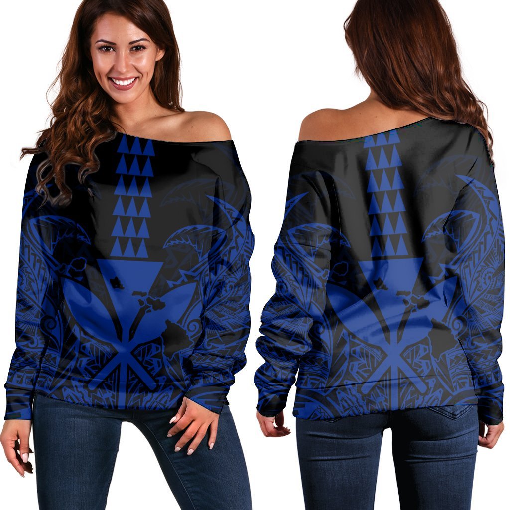 Hawaii Polynesian Kanaka Kakau Women's Off Shoulder Sweater - Alan Style Blue - AH Black - Polynesian Pride