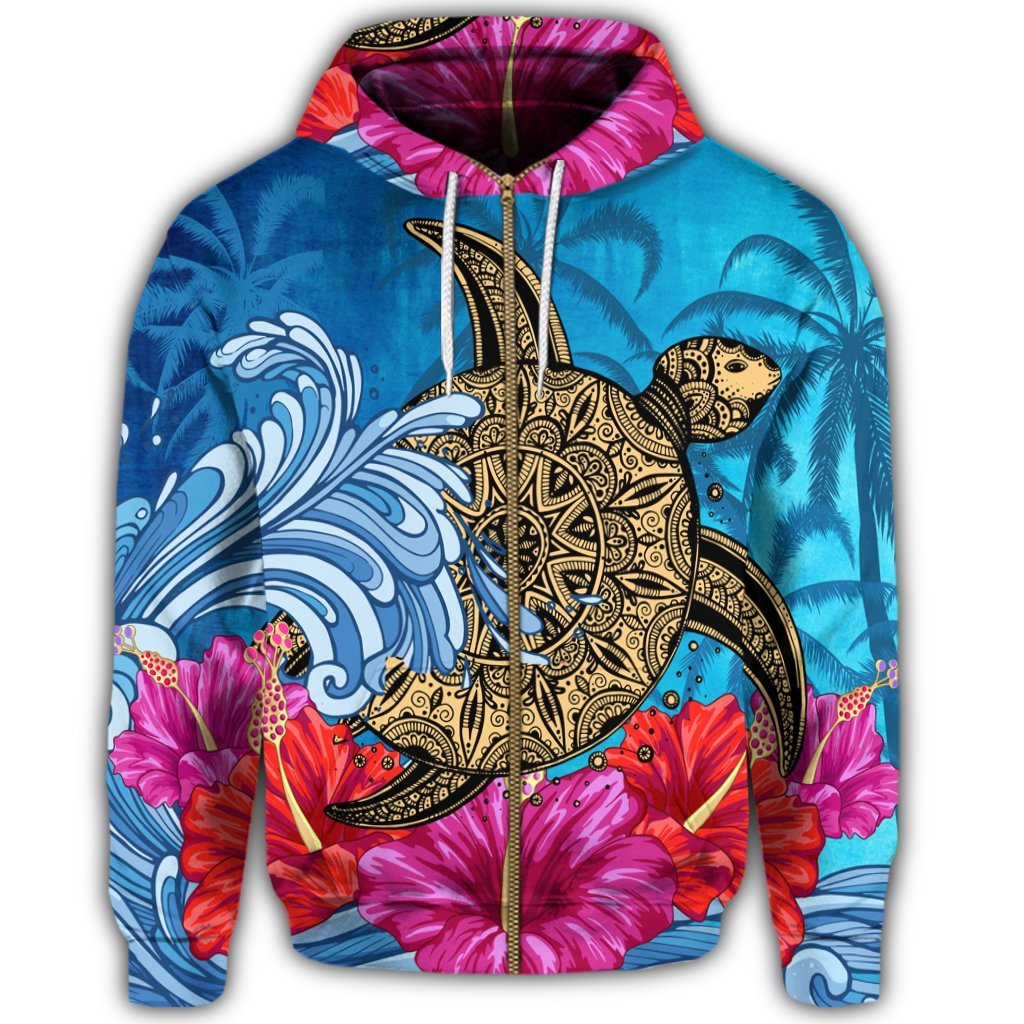 Hawaii Sea Turtle Hibiscus Coconut Tree Zip Hoodie - Polynesian Pride