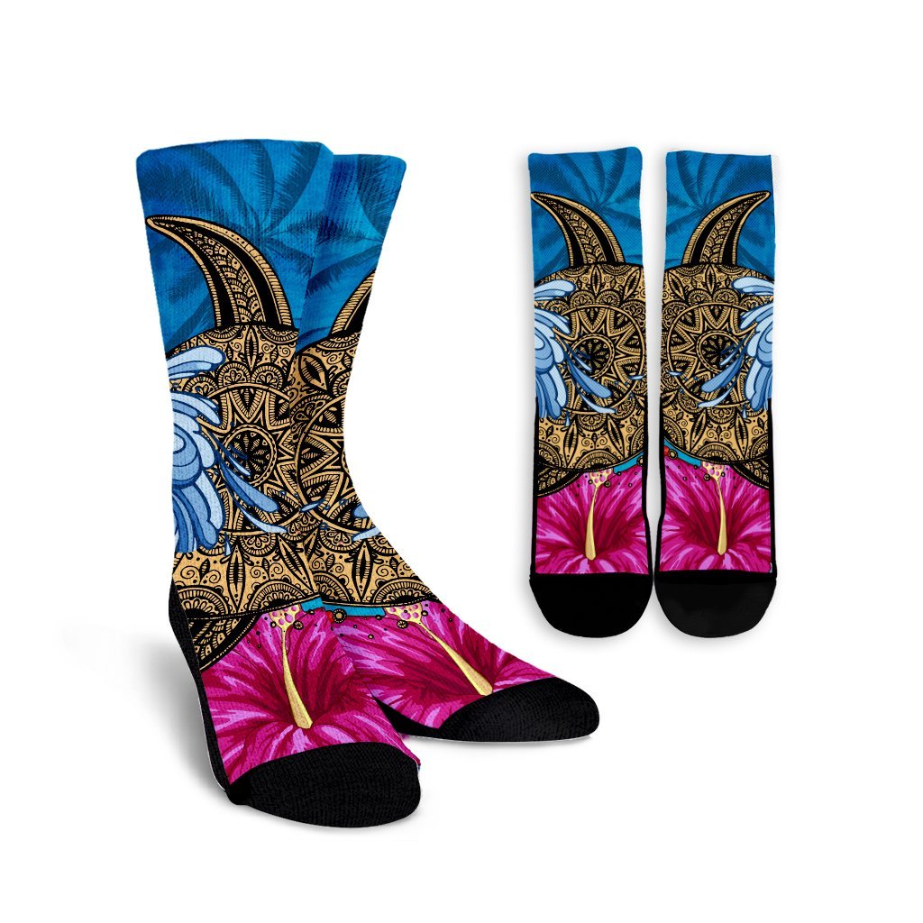 Hawaii Sea Turtle Hibiscus Coconut Tree Crew Socks - AH Crew Socks White - Polynesian Pride
