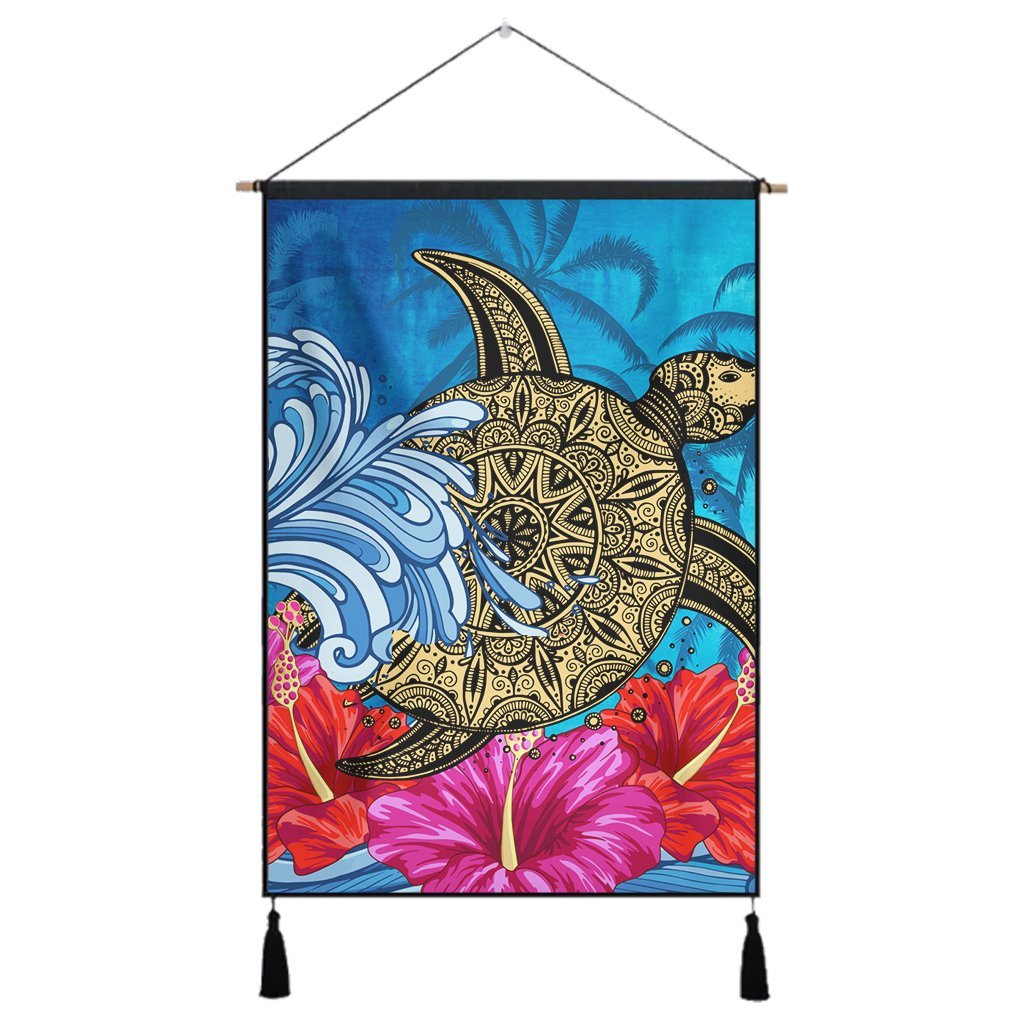 Hawaii Sea Turtle Hibiscus Coconut Tree Hanging Poster - AH Hanging Poster Cotton And Linen - Polynesian Pride