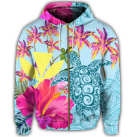 Hawaii Sea Turtle Hibiscus Kanaka Zip Hoodie - Polynesian Pride