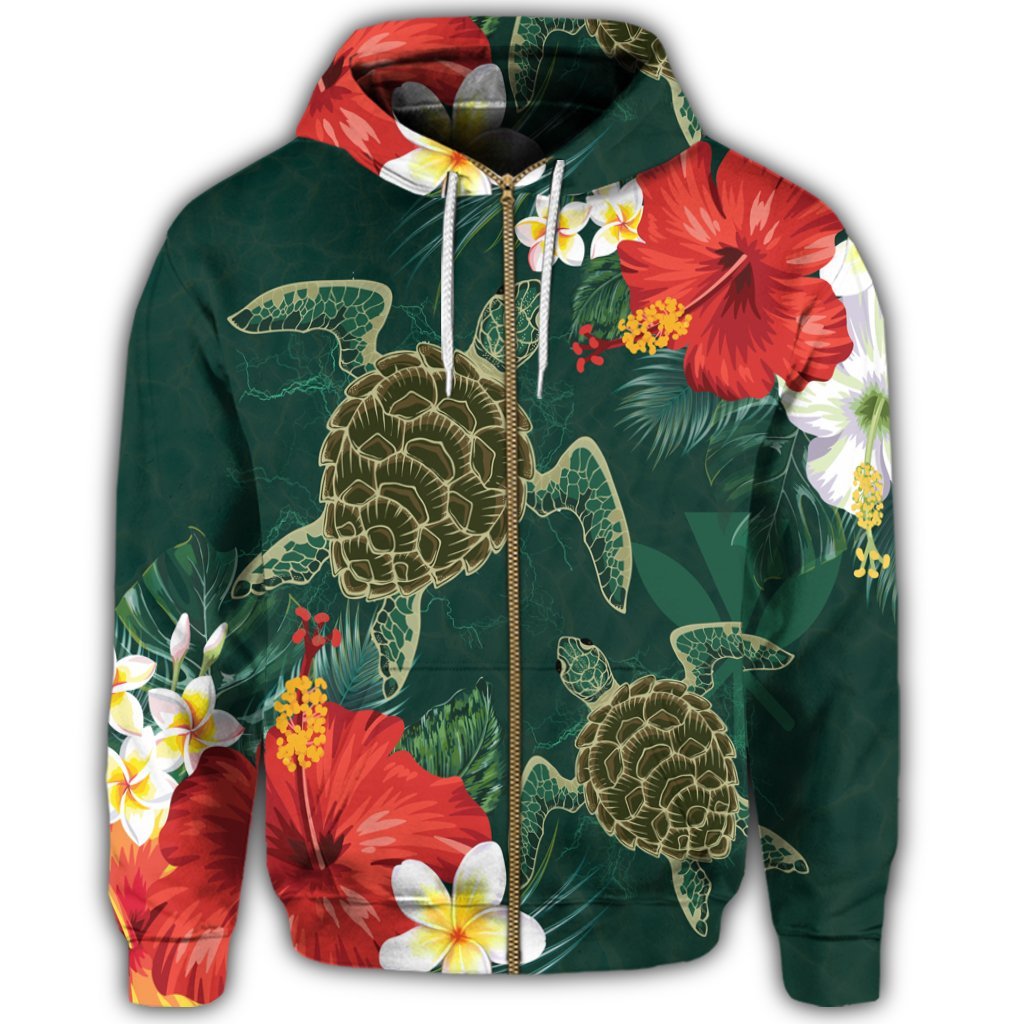 Hawaii Sea Turtle Hibiscus Plumria Zip Hoodie - Polynesian Pride