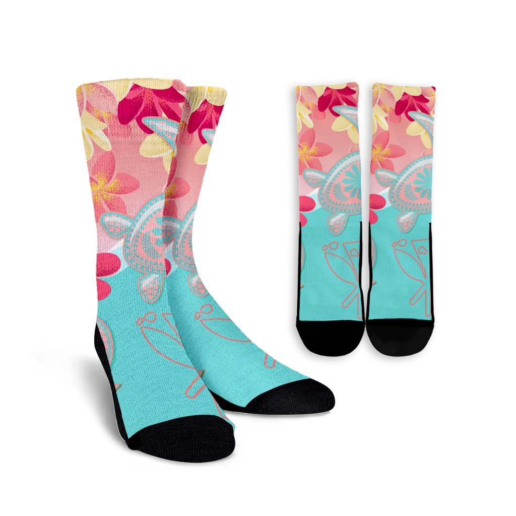 Hawaii Sea Turtle Plumeria Crew Socks - AH Crew Socks White - Polynesian Pride