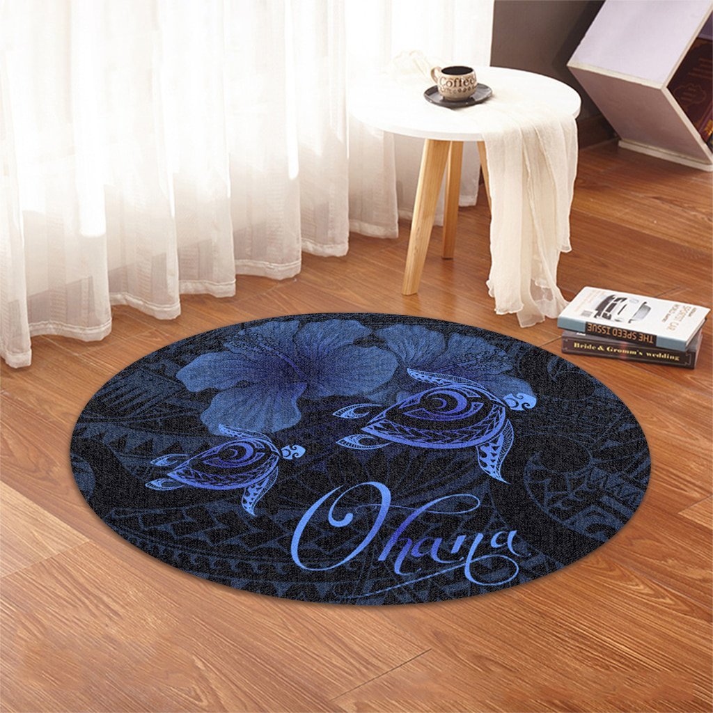 Hawaii Turtle Ohana Hibiscus Poly Round Carpet - Blue - AH - Polynesian Pride