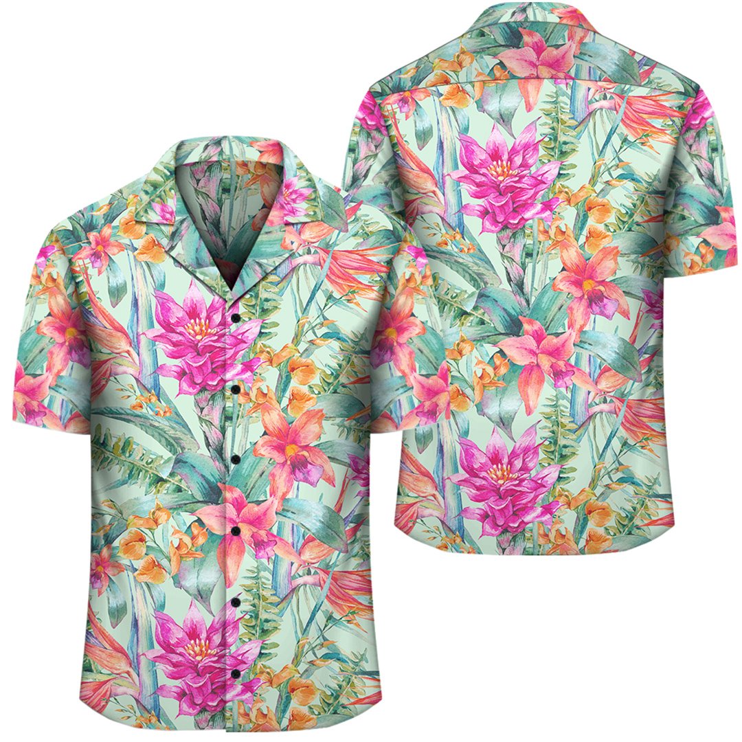 Hawaii Watercolor Vintage Floral Tropical Bird of Paradise Hawaiian Shirt Unisex Black - Polynesian Pride