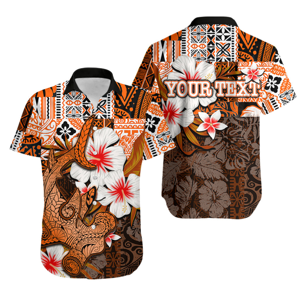 Custom Hawaiian Tribal Hammerhead Shark Tattoo Matching Hawaiian Shirt and Dress with Polynesian Hibiscus Orange LT6 - Polynesian Pride