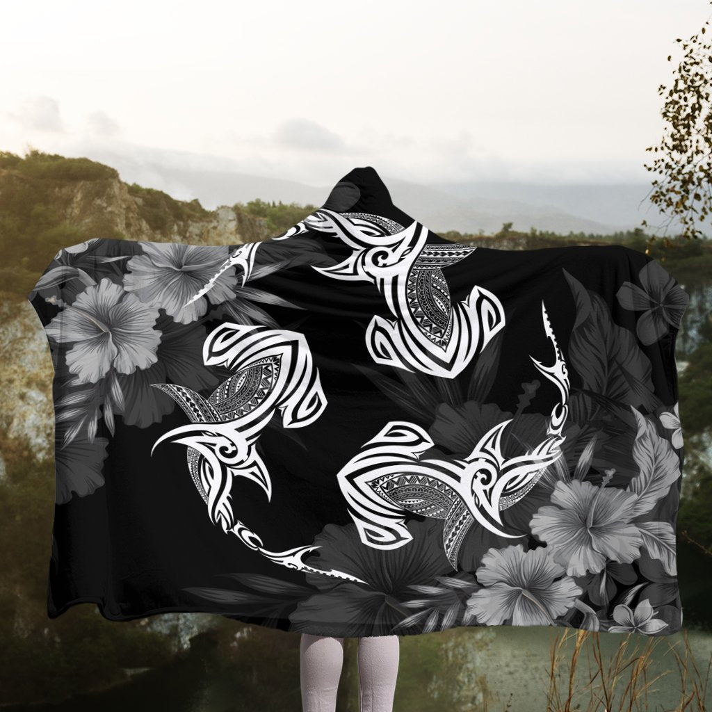 Hawaiian Hammerhead Shark Hibiscus White Polynesian Hooded Blanket - AH - Polynesian Pride