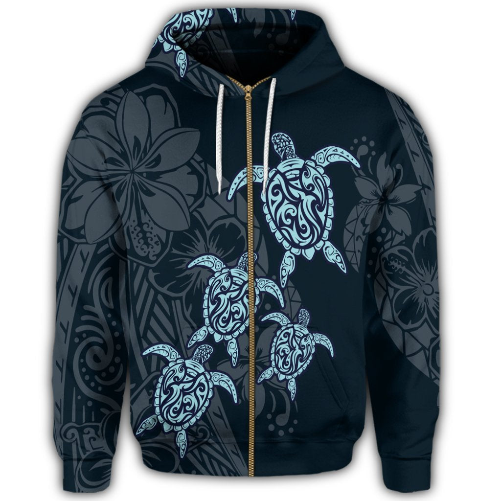 Hawaiian Hibiscus Plumeria Sea Turtle Polynesian Zip Hoodie - Polynesian Pride