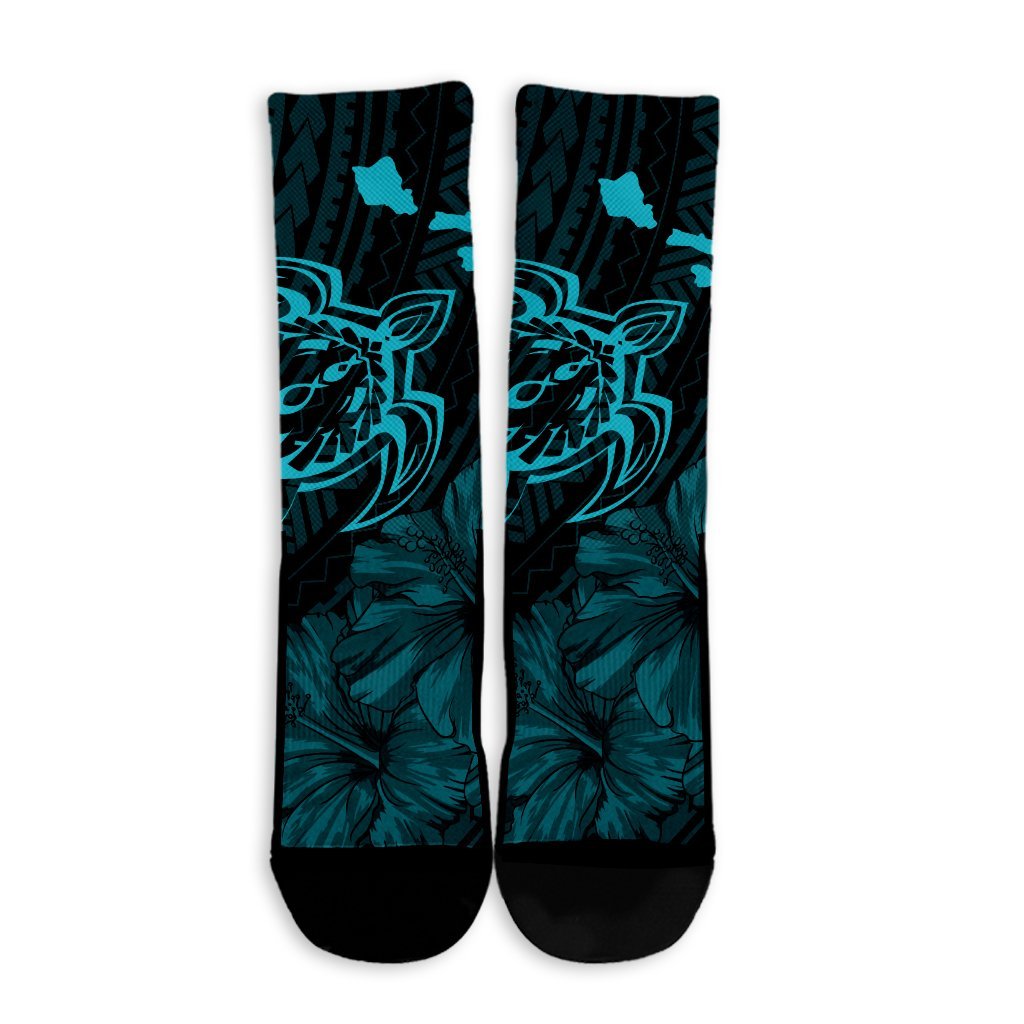 Hawaiian Hibiscus Sea Turtle Swim Polynesian Crew Socks - Blue - AH - Polynesian Pride