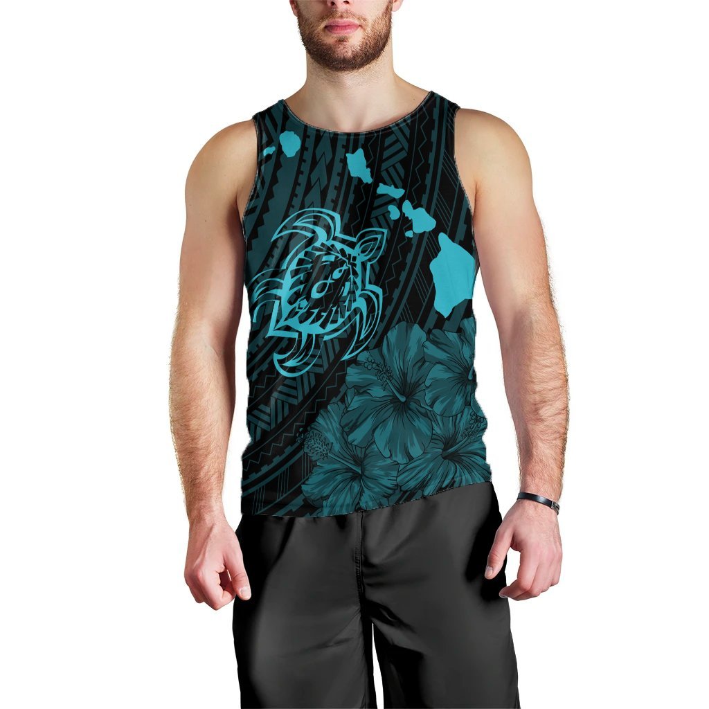Hawaiian Hibiscus Sea Turtle Swim Polynesian Tank Top - Blue - AH Black - Polynesian Pride