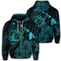 Hawaiian Hibiscus Sea Turtle Swim Polynesian Zip Hoodie Blue Unisex Art - Polynesian Pride