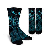 Hawaiian Hibiscus Sea Turtle Swim Polynesian Crew Socks - Blue - AH Crew Socks White - Polynesian Pride