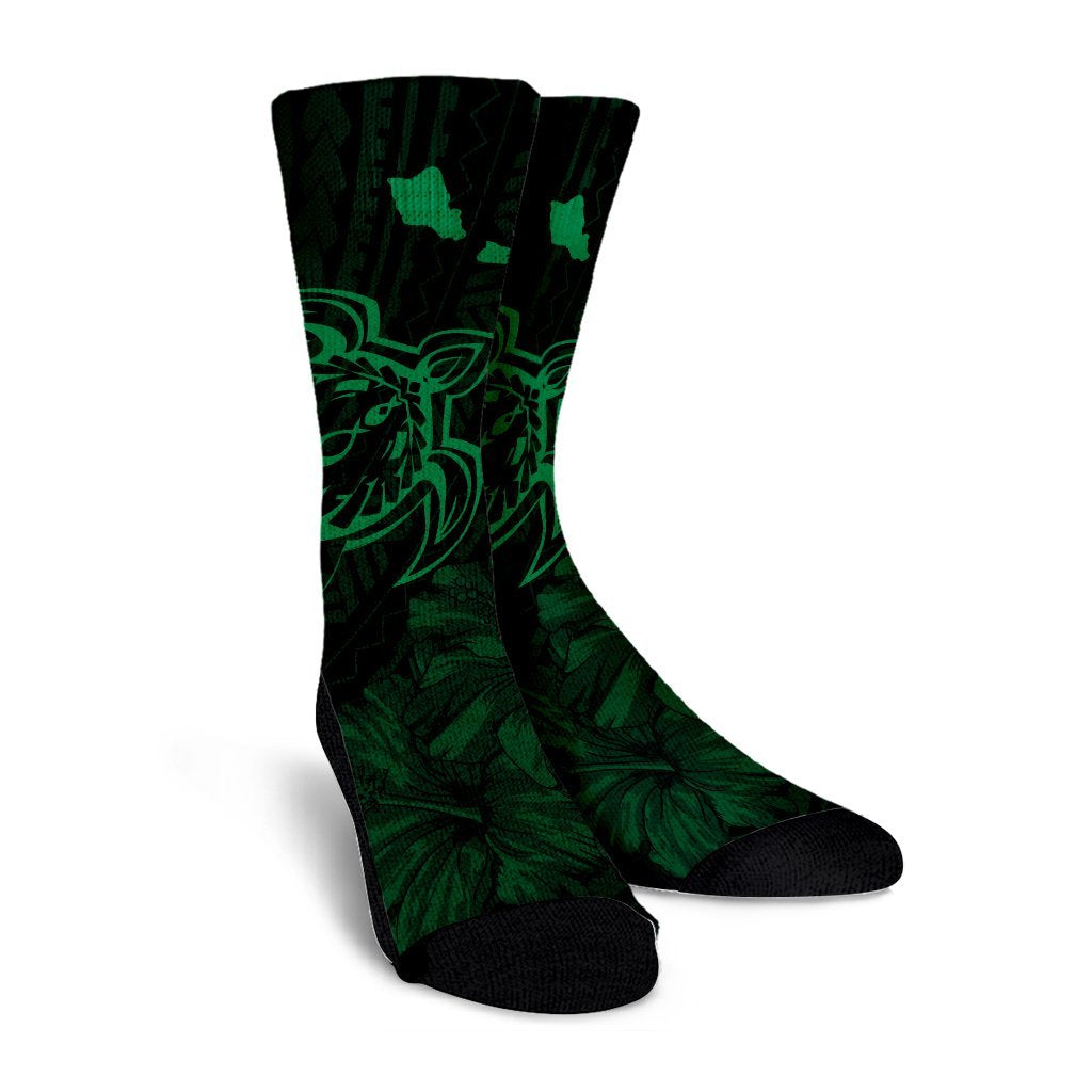 Hawaiian Hibiscus Sea Turtle Swim Polynesian Crew Socks - Green - AH - Polynesian Pride