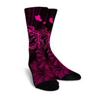 Hawaiian Hibiscus Sea Turtle Swim Polynesian Crew Socks - Pink - AH - Polynesian Pride